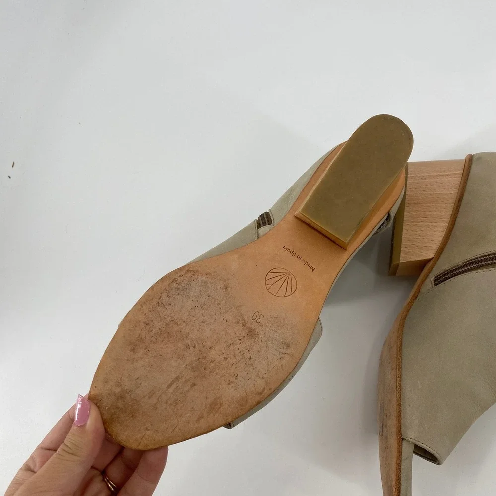 Coclico Open Toe Ankle Booties Women 39 Taupe Leather Block Wood Heel Cutout